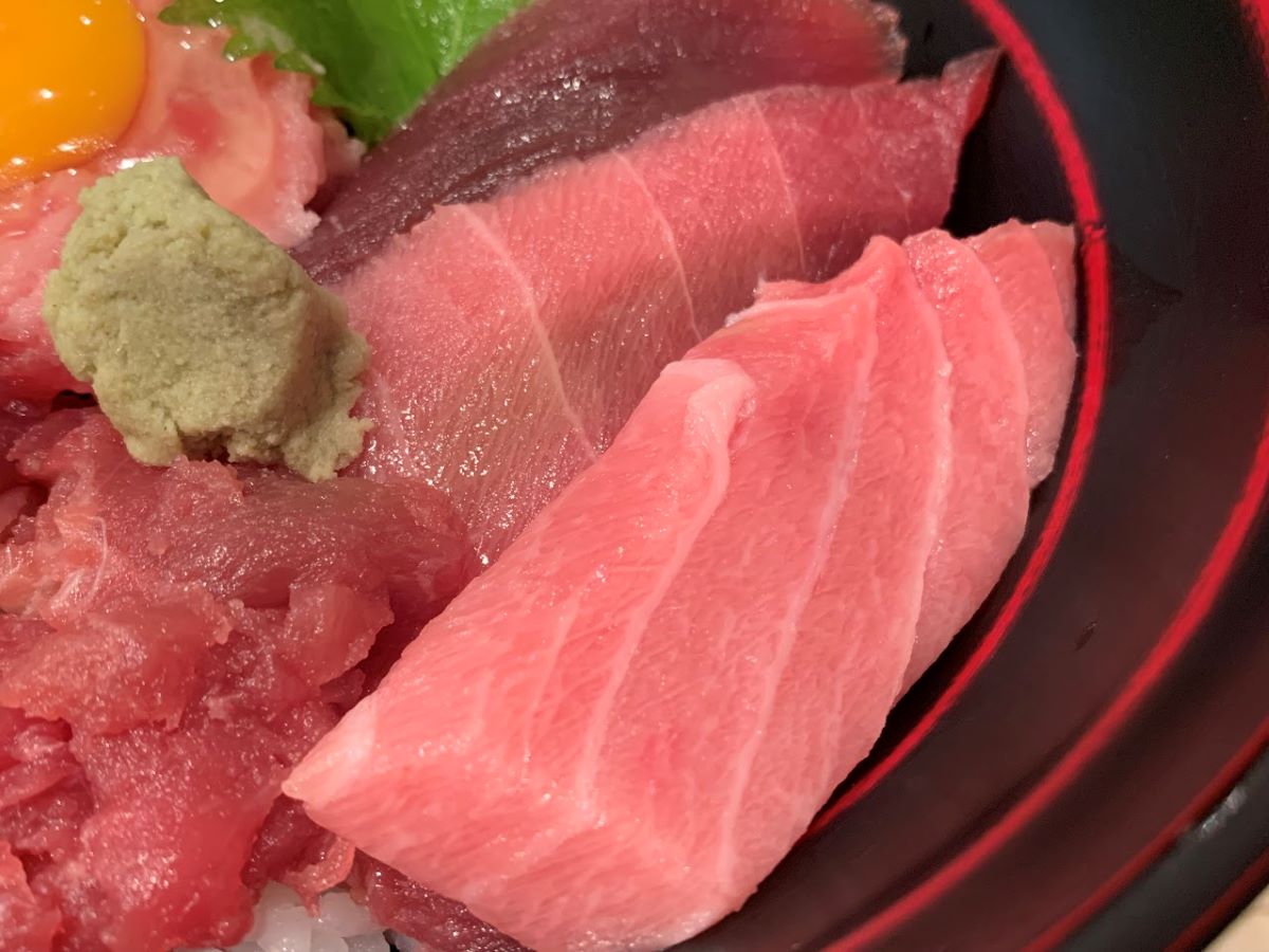 又こい家の上又こい丼に乗った大とろと中とろ。