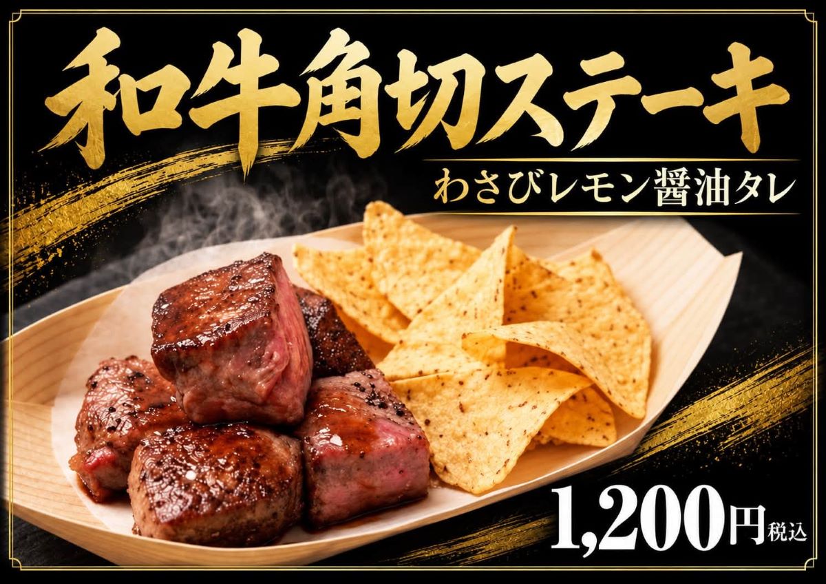 築地夜市のグルメ「和牛角切ステーキ」わさびレモン醤油タレ、税込1,200円のメニュー画像